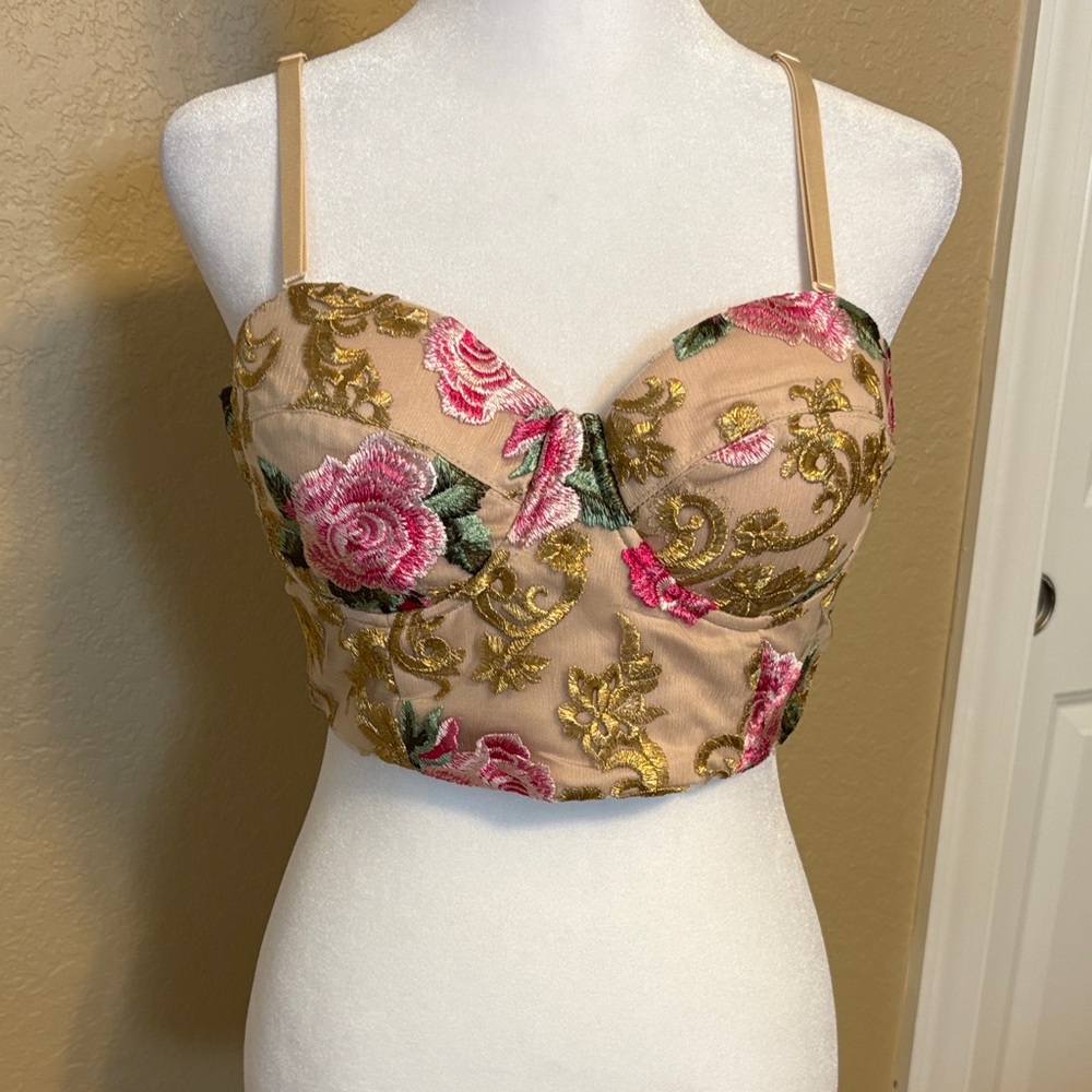 Blithe Los Angeles Floral Embroidered Bustier Top, Size Medium
